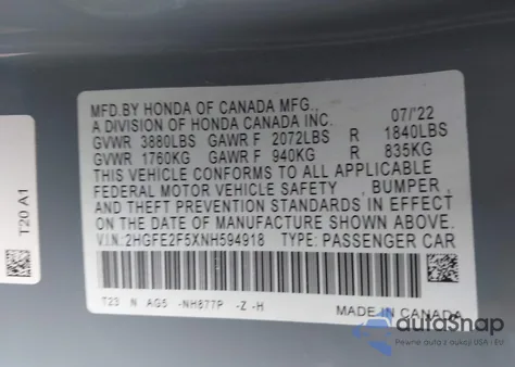 2022 Honda Civic Sport from USA, damaged, VIN 2HGFE2F5XNH594918